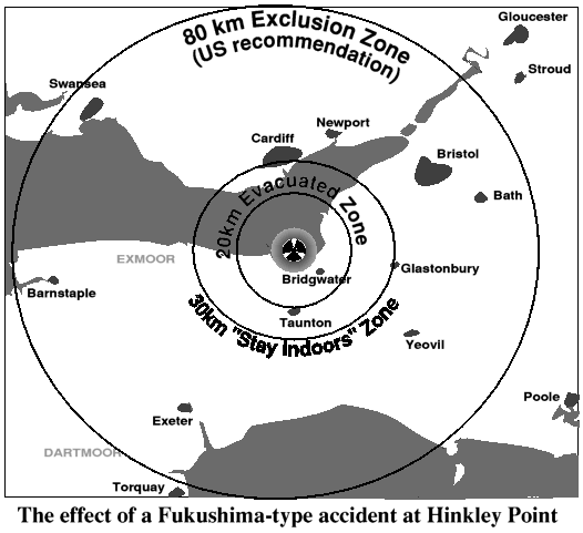 Area affected by exclusion zones in case of a nuclear accident at Hinkley Point